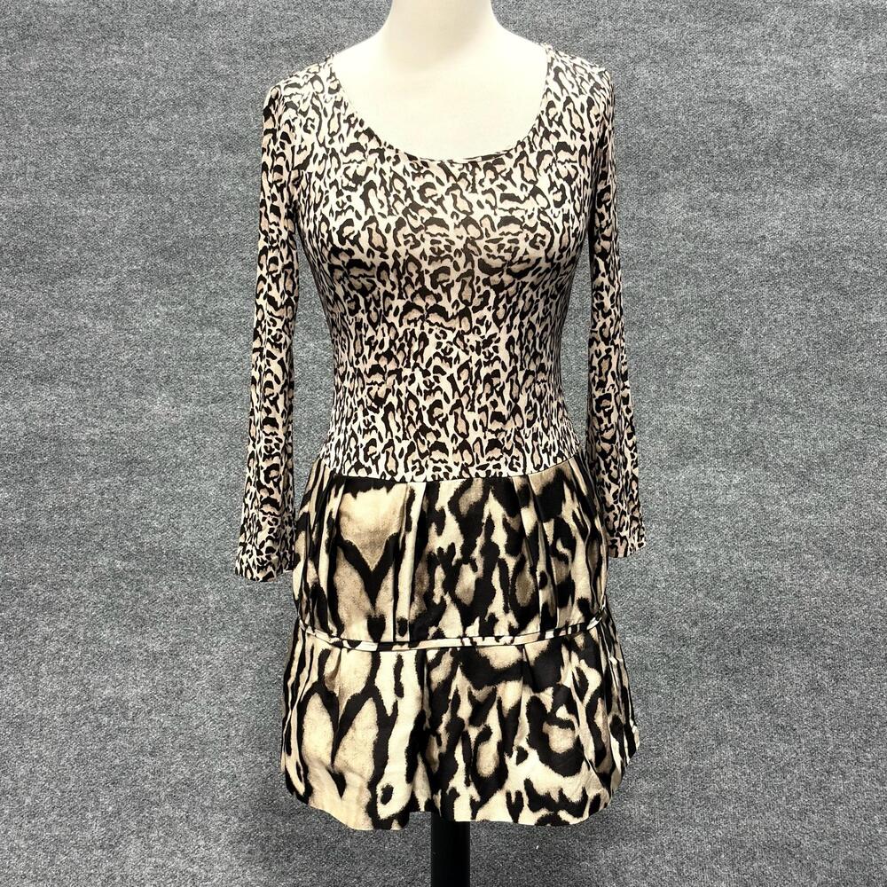 Diane Von Furstenberg Dress Womens 2 Beige Animal Print Fit Flare Tiered Mini